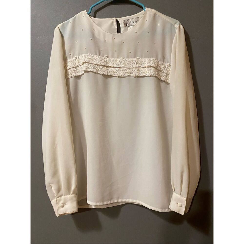 Kathy Che White Vintage Pearl Floral Lace Long Sleeve Buttons Size 12